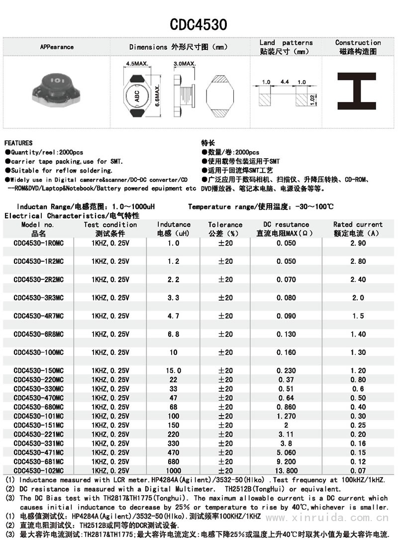 芯瑞達電子,CDC4530電感,貼片電感,功率電感,繞線電感