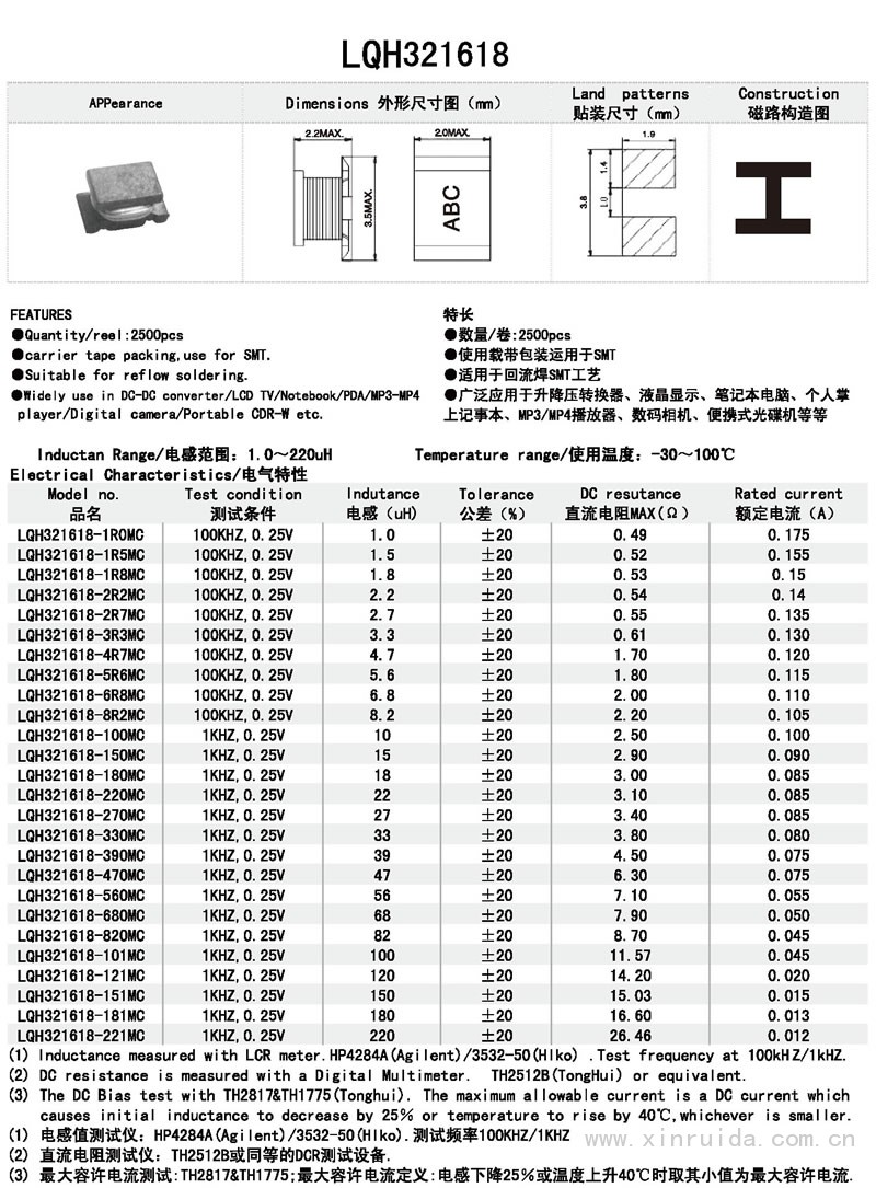 芯瑞達電子,LQH321618電感,貼片電感,功率電感,繞線電感